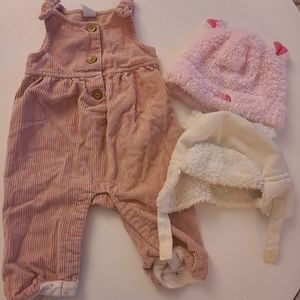 Baby Gap pink curdoroy overalls 0-3M and 0-6M Northface/Carters hat